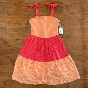 NWT Jessica Simpson Pink and Orange 3 Tier Color Block Midi Sun Dress